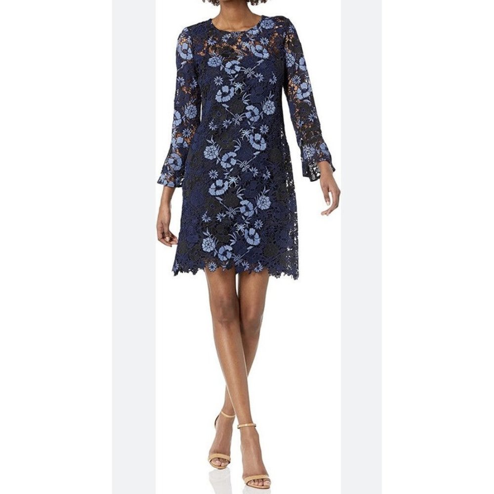 Shoshanna Jemima Blue/Black Bell Sleeve Lace Above The Knee Shift Dress Size 0
